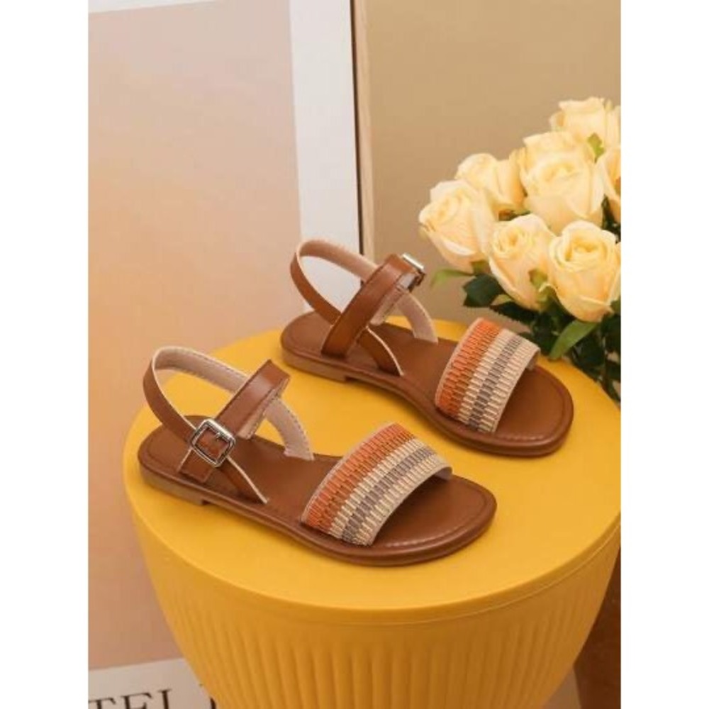 Womens Boho Striped Woven Flat Sandals Brown Ankle Strap Buckle